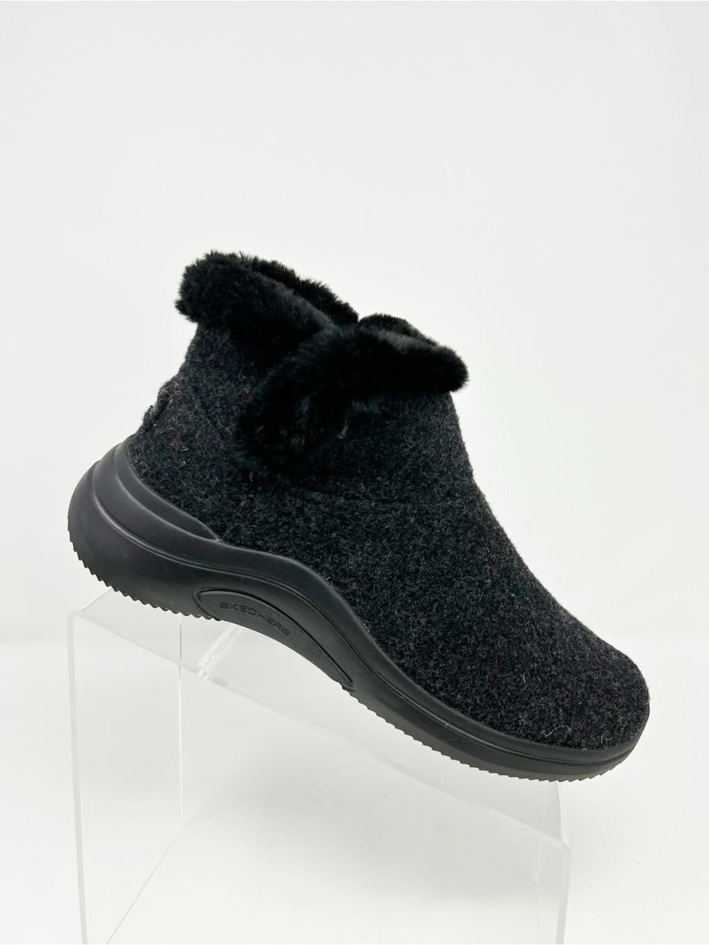 Skechers Air Cooled Goga Mat Ankle Booties Black Faux Fur Trim Slip-On Size 8